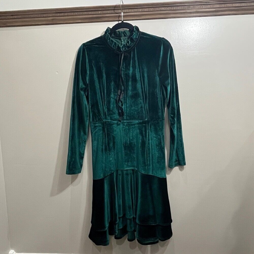 Sonja Morgan Velvet Dress Ruffled‎ Tiered Long Sleeve Party Green Mermaid L